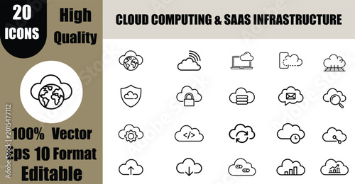 20 Cloud Computing & SaaS Infrastructure Icons - Networking, Security, and Data Hosting Vector Pack (EPS, Editable).