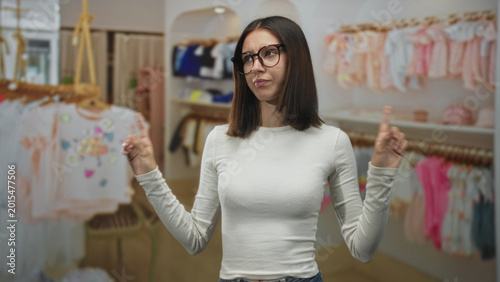 Foto Woman frowning at baby clothes rack with hands raised in a shrug gesture inside building shop aisle; indecision shopping