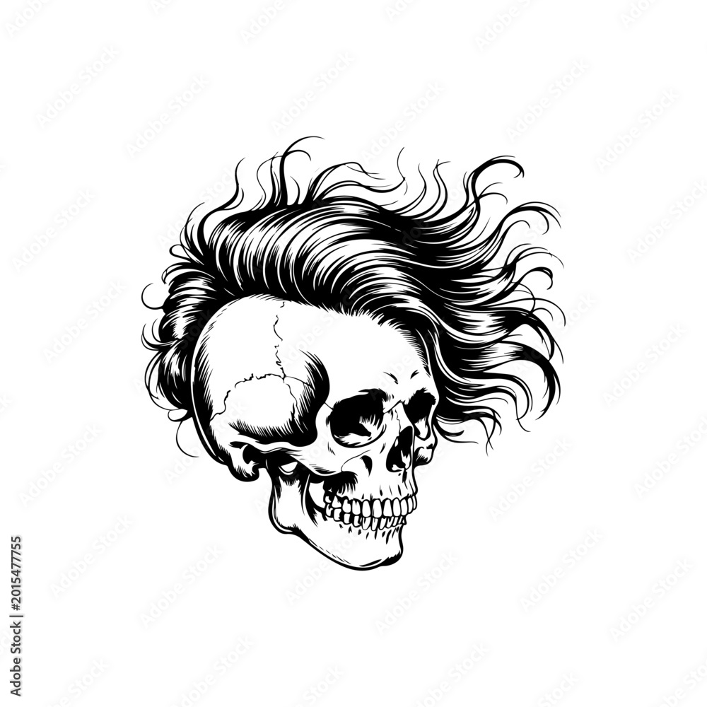 Fototapeta premium A black and white vector illustration of a human skull with a stylish, voluminous mohawk hairstyle. A bold, punk-rock inspired design combining rebellion with art.