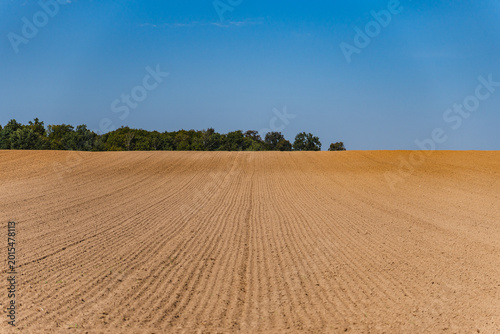 Landscape with an empty plowed field at the end of summer