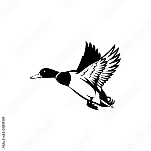 A black and white vector illustration of a wild mallard duck in flight. The side-view silhouette features detailed wings spread wide, capturing a classic hunting motif.