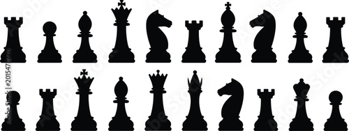 Fotografi Collection of chess piece silhouettes including king, queen, rook, bishop, knigh