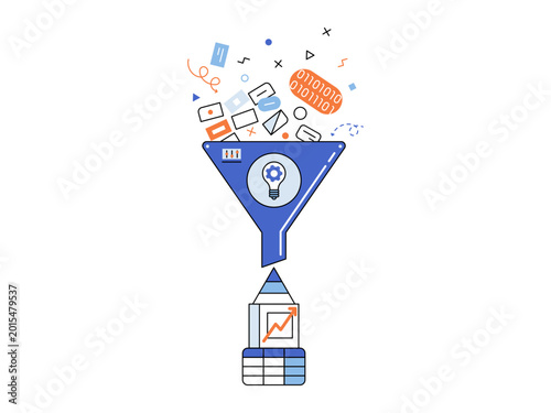 Data funnel converting raw info into charts vector illustration. Big data, analytics, business intelligence, conversion, strategy, growth. Information filter transforming code into reports