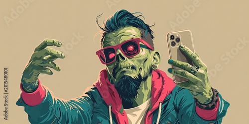 Zombie is taking a selfie with smartphone