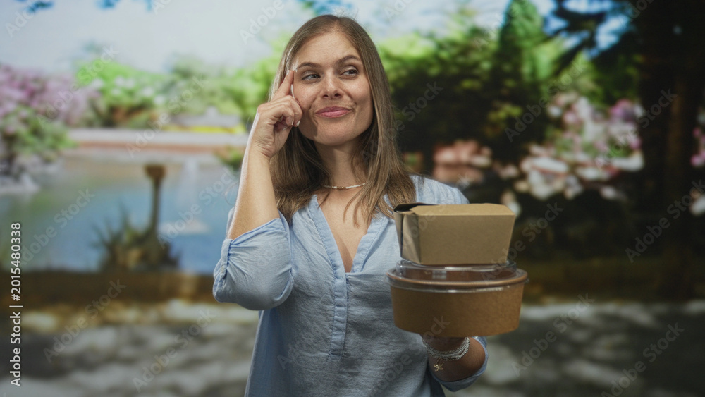 Naklejka premium Woman in blue shirt holding stacked food boxes and pointing finger to temple in green forest; curiosity.