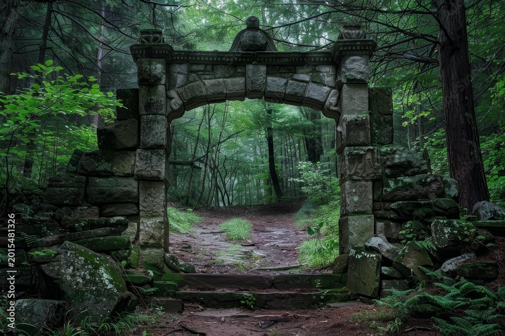 Obraz premium Stone archway marking the entrance to a mysterious forest path, creating a scene of enchantment and wonder