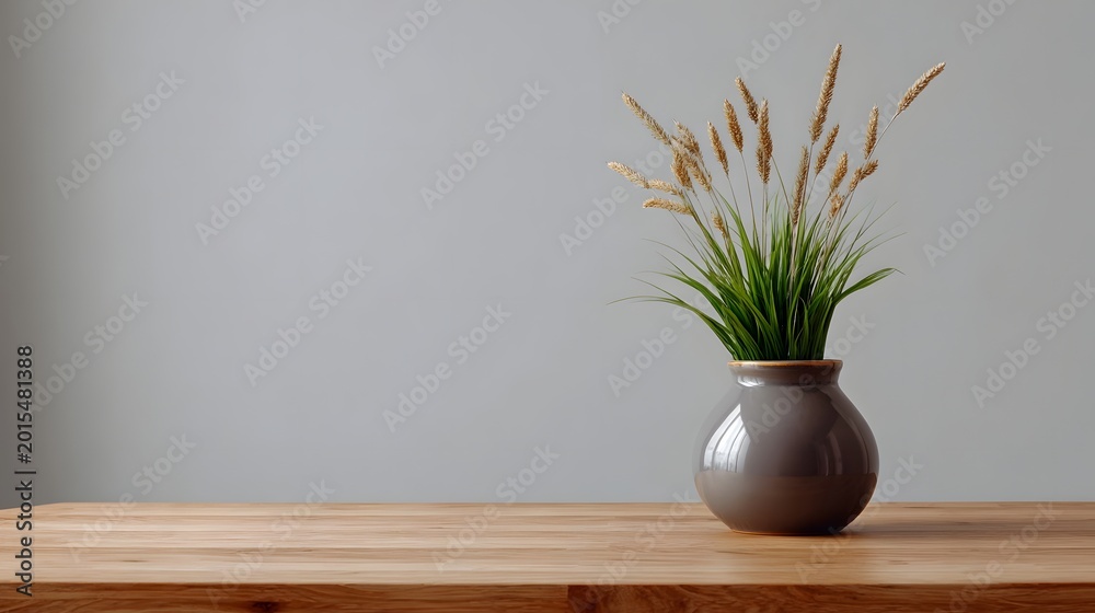 Fototapeta premium A delicate vase arrangement featuring dried wheat plumes and vibrant green foliage on a wooden surface