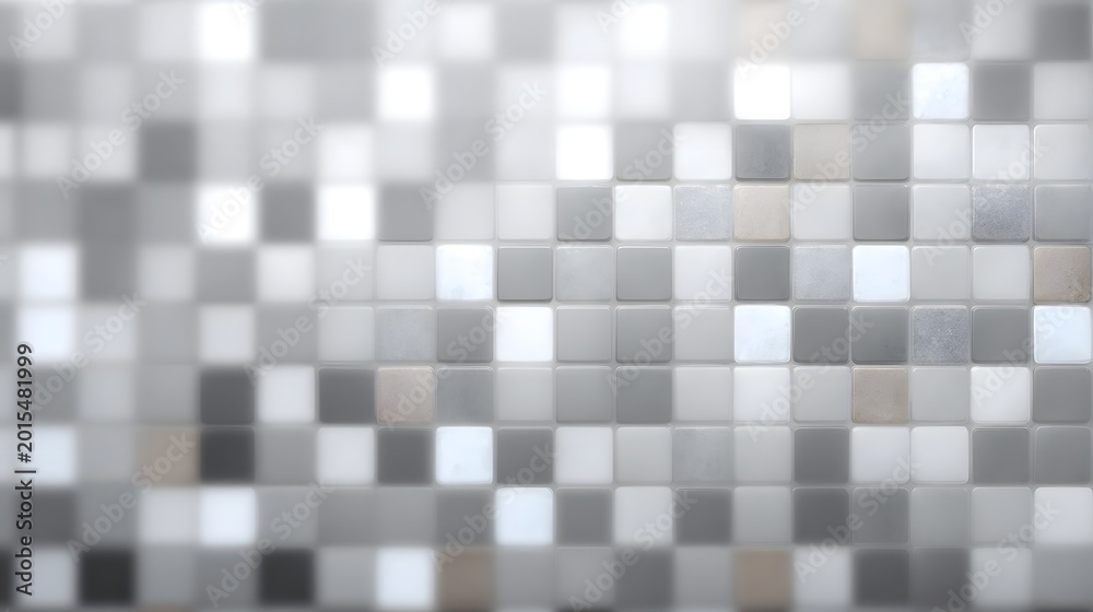 Fototapeta premium An abstract soft focus mosaic background featuring a muted grid of geometric tiles in subtle shades of grey and white