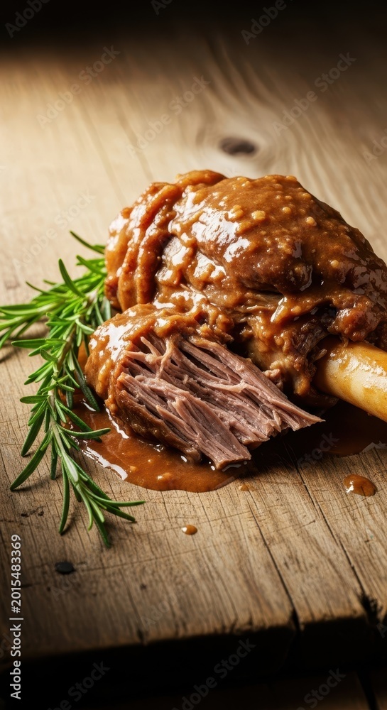 Fototapeta premium Hearty braised lamb shanks served on a rustic wooden surface, slow-cooked meat drenched in savory gravy and garnished with fresh rosemary, rustic, cut, cuisine