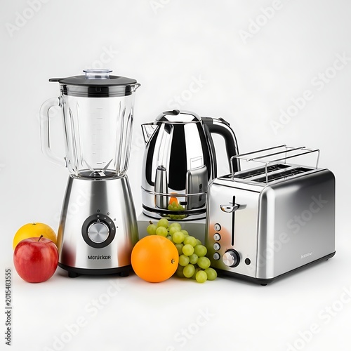 Blender, toaster, and kettle with fruit on a clean white surface for healthy eating and breakfast