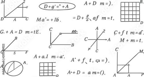 Foto Hand Drawn Complex Mathematical Equations and Formulas on White Background, Advanced Mathematics and Science Calculation Doodle Texture