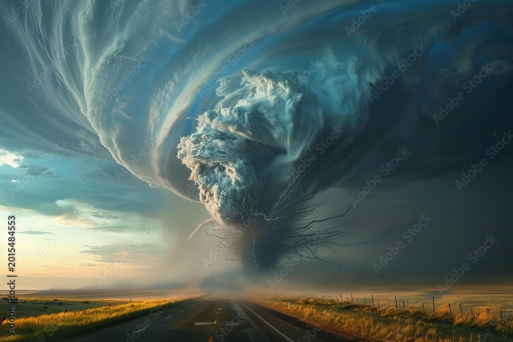 Naklejka premium Powerful supercell thunderstorm forming a tornado over an empty road during a dramatic sunset