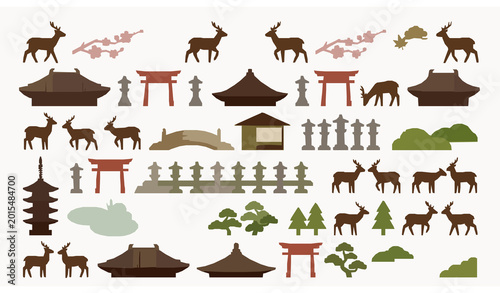 Sika deer outline icon collection with Nara Park temple and Japanese cultural symbols