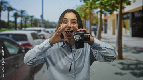 Foto Young hispanic woman cupping hands to mouth and shouting into a handheld camcorder on a busy city street with parked cars and palm trees; playful excitement