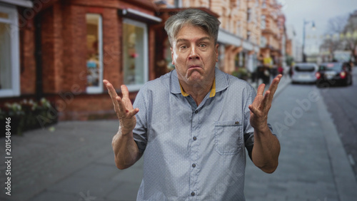 Photos Man shrugs hands beside a brick storefront on street, exposed forearms and expressive face; confusion doubt