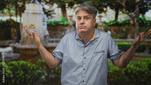 Cuadro en lienzo Man middle age with grey hair in a short sleeve shirt raises hands in a shrug gesture by a stone fountain in a public park; resignation confusion