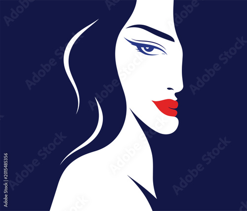 Elegant minimalist woman profile portrait. Red lips, navy silhouette. Modern fashion beauty illustration. Cosmetics, salon, luxury skincare packaging, feminine magazine cover, premium lifestyle 