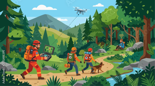 Obraz na plátne Search and rescue team uses drone and technology to find lost hiker in a dense f