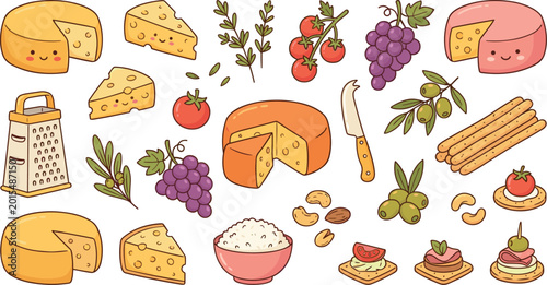 Foto Variety of cheese types and accompaniments like grapes olives and tomatoes carto