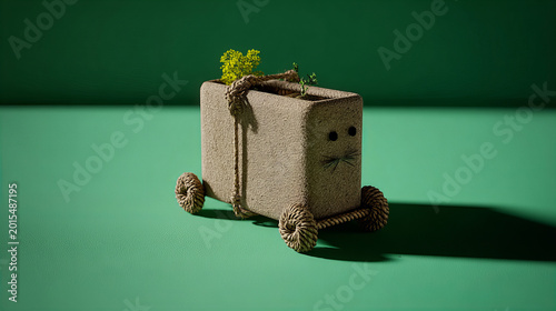 Creative planter in the shape of a cart with a small plant on green background