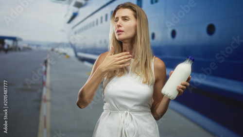 Canvastavla Blonde woman holding milk bottle, covers mouth then hand to throat by cruise ship at building pier; distress nausea