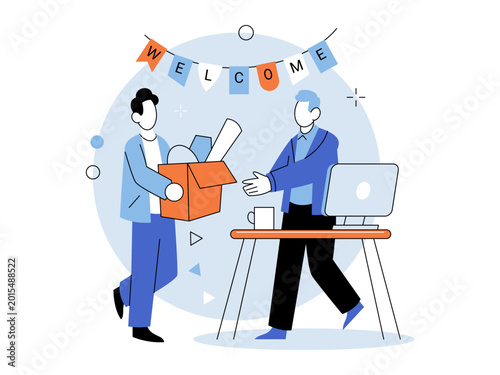 Konstfotografi New employee carrying a box is greeted by a colleague vector illustration