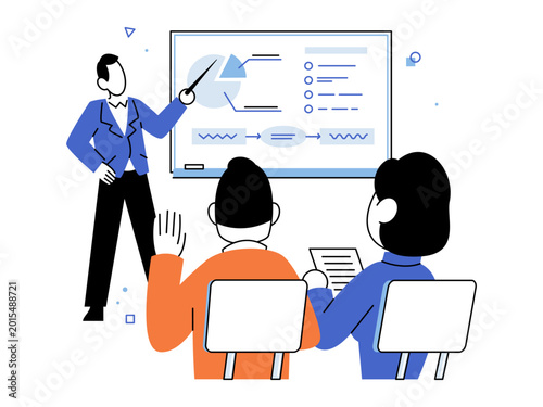 Quadro su tela Man points to whiteboard charts while people watch vector illustration