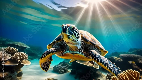 A green sea turtle swims gracefully through clear blue water, surrounded by coral reefs and sunlight filtering from above.