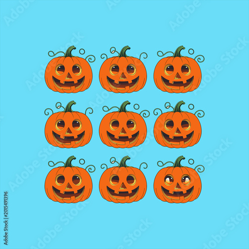 halloween pumpkin with halloween pumpkins, Four Halloween Jack-o'-Lantern Illustrations on Blue Background. Set of Cartoon Pumpkin Characters with Different Expressions.