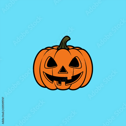 Classic Halloween Jack-o'-Lantern Illustration on Blue background. Hand-Drawn Style Carved Pumpkin Graphic