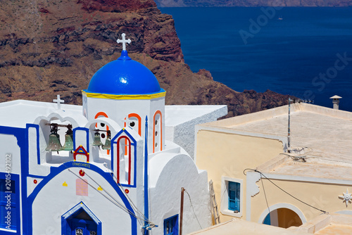 Panoramic view of Santorini Island and Volcano Nea Cameni. Cyclades, Greece