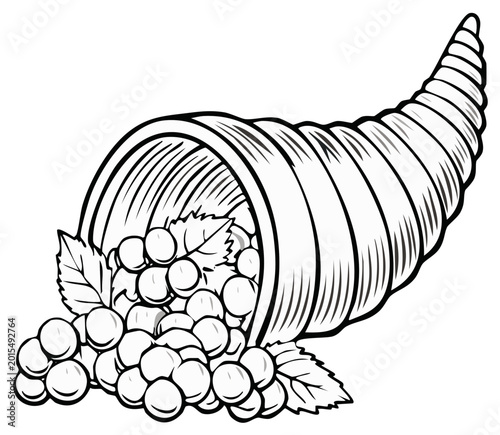 Cornucopia Overflowing with Grapes and Leaves Black and White Illustration