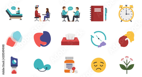 Therapy Session, Pills, Tissues, Notebook, Clock Icons for Mental Health