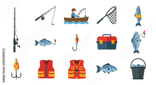 Tableau sur toile Fishing Gear Icons: Rod, Net, Lures, Vest, Tackle Box, Fish, Boat