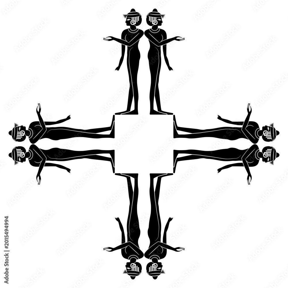 Φωτογραφία Geometrical square cross shape ethnic design or frame with standing ancient Egyptian women