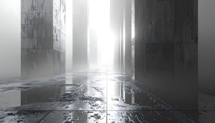 surreal futuristic cityscape with glowing light and reflective surfaces, representing a journey through an unknown digital dimension, atmospheric, abstract architecture