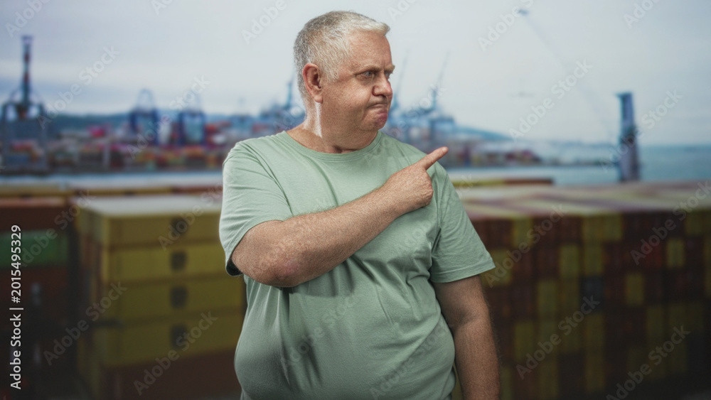 Fototapeta premium Man points finger to stacked shipping containers in a port building while looking upward with a pensive expression and relaxed posture; quiet contemplation.