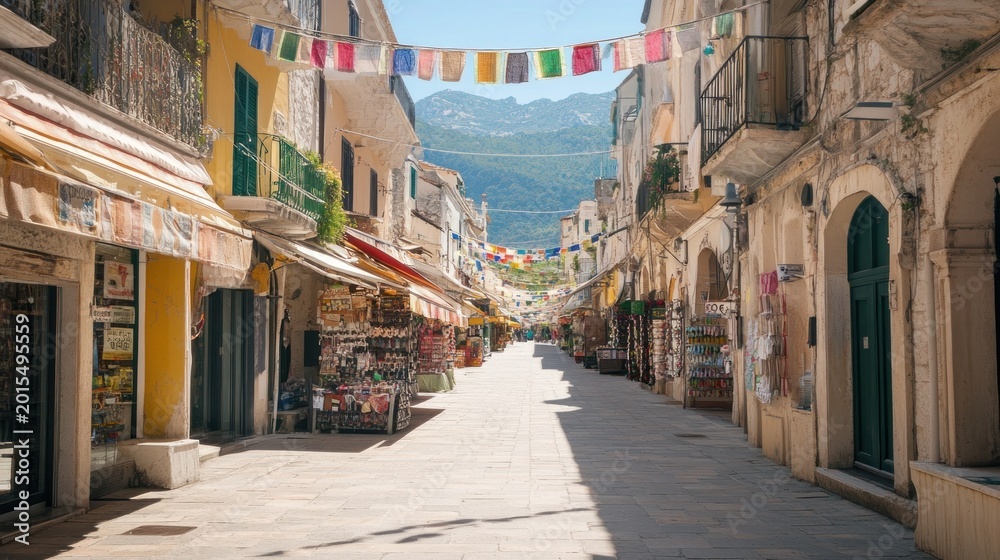 Naklejka premium Picturesque Italian Street Scene: A Sunny Day in a Charming Coastal Town