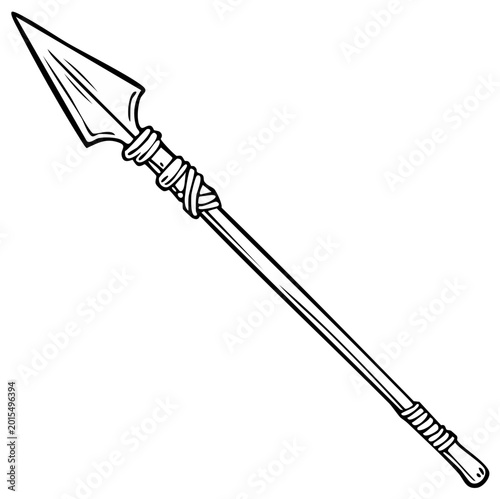 Cartoon illustration of a spear with detailed winding and a sharp head in black and white