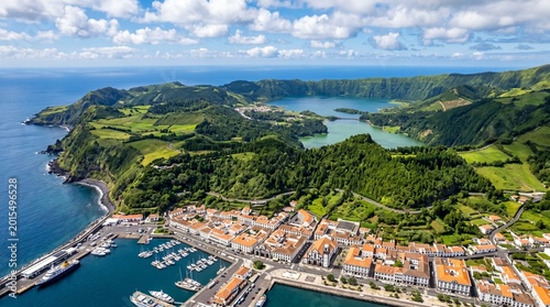 Aerial view ofSao Miguel Island and lake Ponta Delgada, Azores