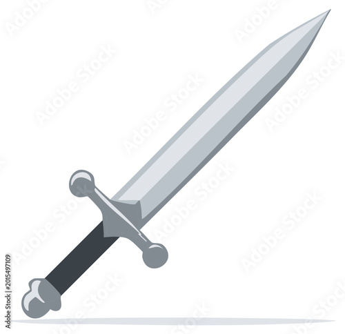 Stylized flat illustration of a medieval sword with a gray handle and silver blade, isolated on white