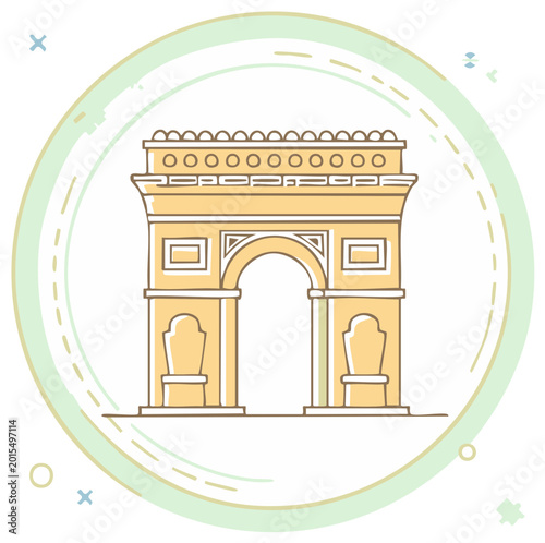 Stylized Architectural Triumph Gateway Illustration in Pastel Hues within Decorative Green Circle