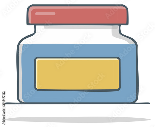 Glass jar with liquid and label, closed with a red lid, containing liquid of bluish color