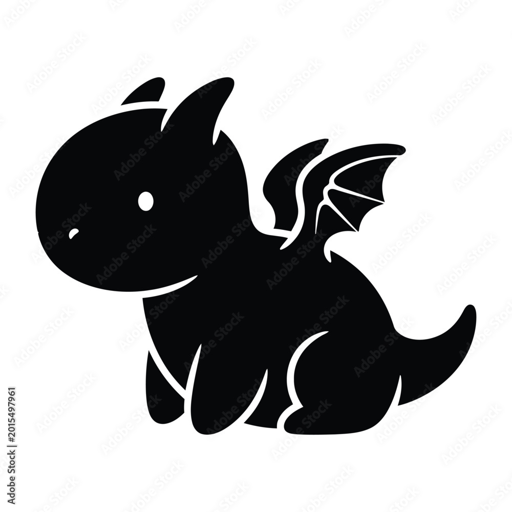 Fototapeta premium Cute black dragon silhouette isolated on white background with fantasy cartoon creature design.