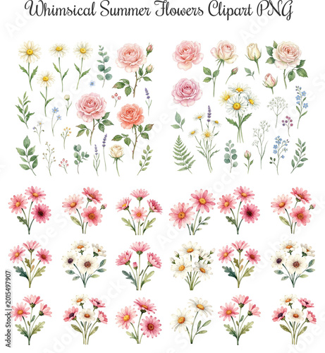 Whimsical Summer Flowers Watercolor Clipart PNG