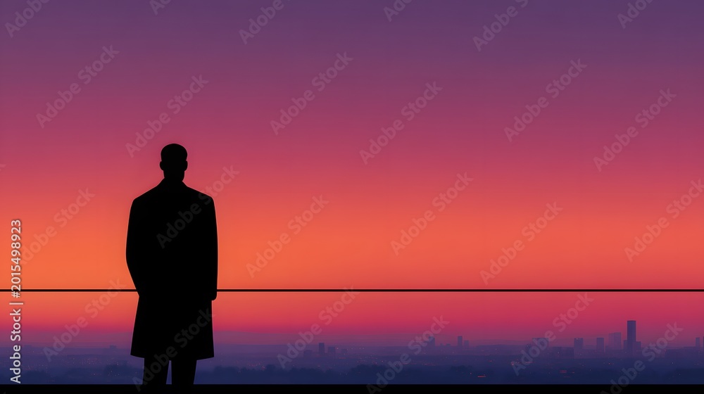 Fototapeta premium A bodyguard watches the city from a balcony as the sun sets behind buildings