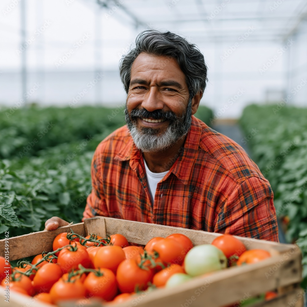 Fototapeta premium Middle aged man presenting crate of tomatoes in greenhouse