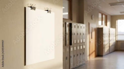 Blank white paper poster hanging on classroom wall with locker corridor.