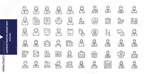 Foto Administrative Assistant Icons: A comprehensive set of line icons depicting various aspects of administrative assistant tasks, tools, and roles, ideal for illustrating concepts related to office work