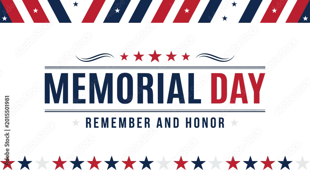 Obraz premium Graphic composition with diagonal stripes and star motifs creates a formal backdrop for a Memorial Day remembrance message.